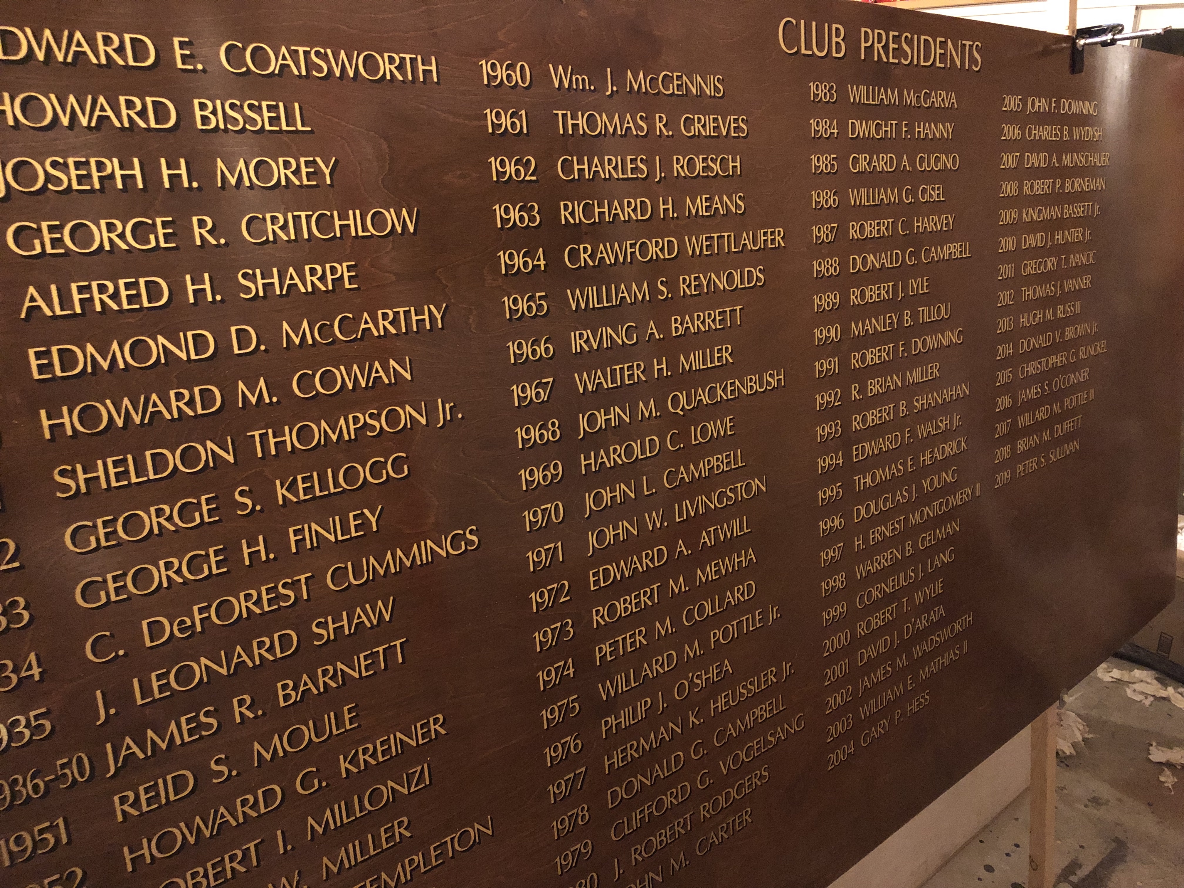 Painted names and years in gold leaf for the Cherry Hill Golf Club, Fort Erie. 2019