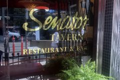 Burnished gold leaf lettering at The Senator Restaurant, Toronto, 2022