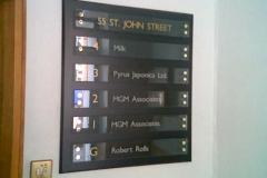 Glass signs fixed to painted wooden backing board, London 2002