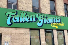 Painted signage for Fallen Giants Cannabis, Peterborough, Ontario, 2021